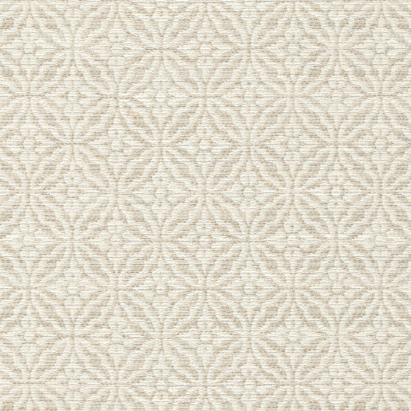 Beige geometric wallpaper displaying repeating interlocking circular floral motifs across a subtle woven-texture background, creating a regular, low-contrast decorative pattern suited to interior surfaces.
