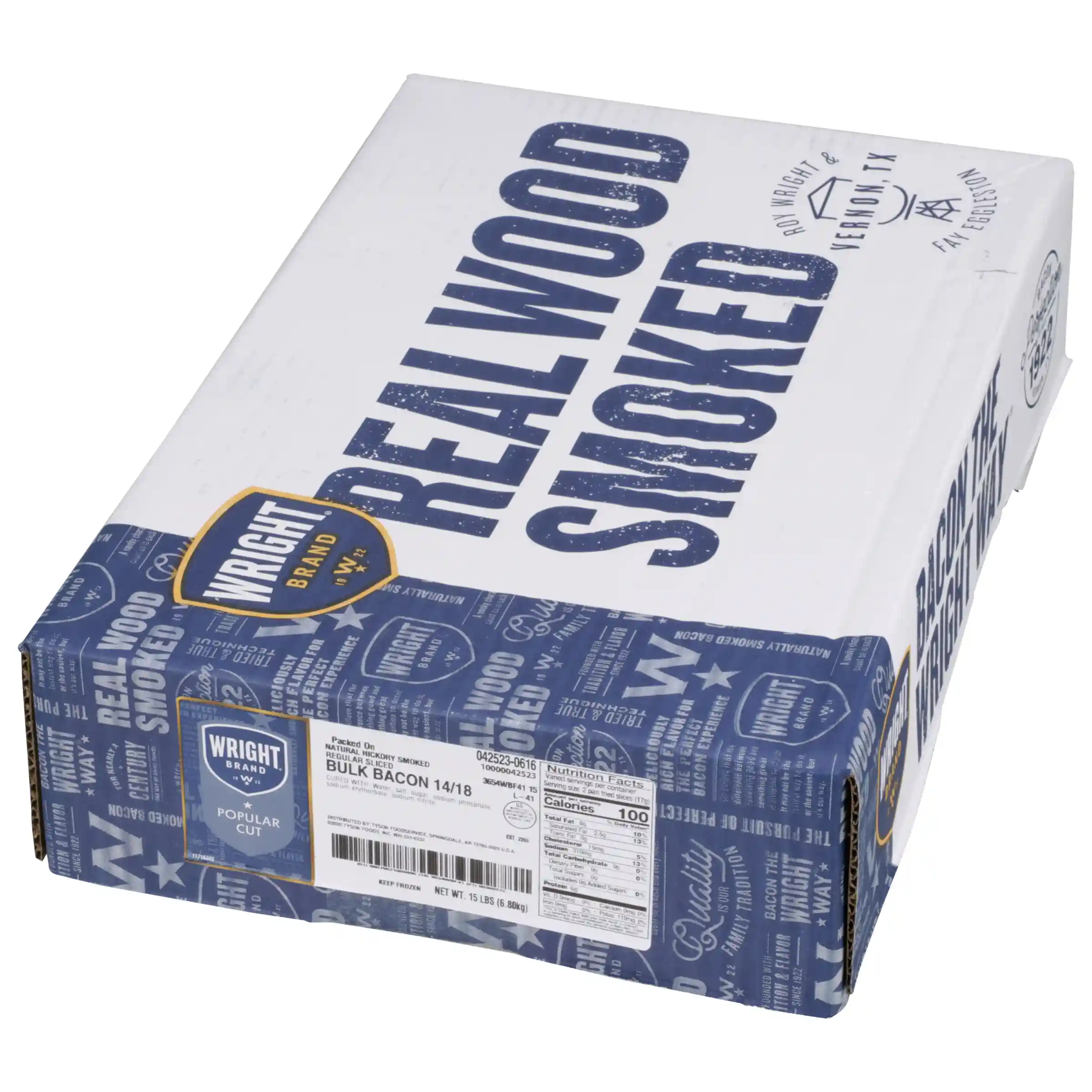 Wright® Brand Naturally Hickory Smoked Regular Sliced Bacon, Bulk, 15 Lbs, 14-18 Slices per Pound, Frozen_image_5