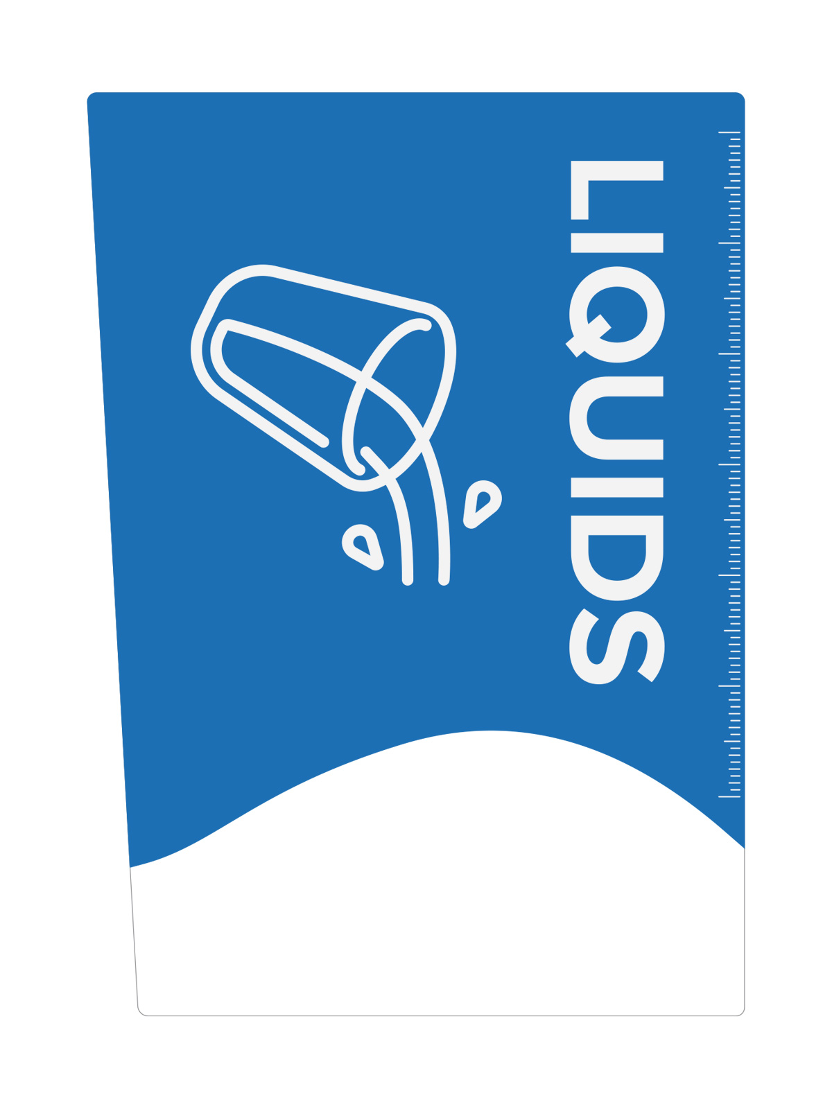 large label with the word LIQUIDS on a blue background showing a cup pouring out water