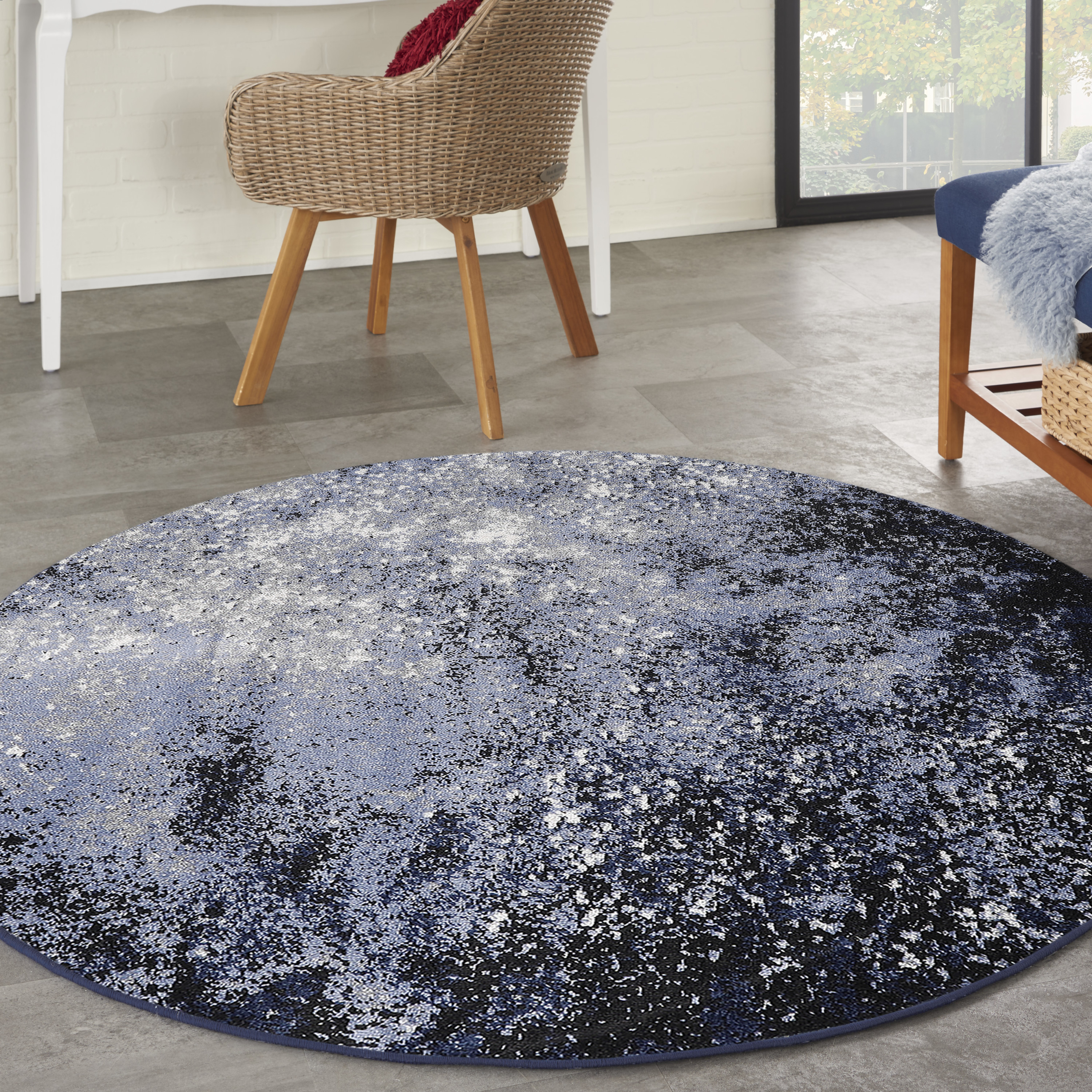 Nourison Passion 4' x Round Light Blue Black Modern Indoor Rug