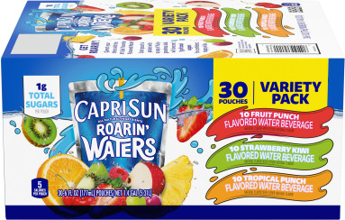 Capri Sun Roarin' Waters Fruit Punch Wave, Strawberry Kiwi Surf & Tropical Tide Naturally Flavored Water Beverage Variety Pack, 30 ct Box, 6 fl oz Drink Pouches