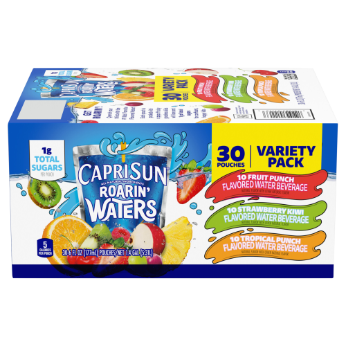 Capri Sun Roarin' Waters Fruit Punch, Strawberry Kiwi, and Tropical Punch Naturally Flavored Water Beverage Variety Pack, 30 ct Box, 6 fl oz Drink Pouches Image