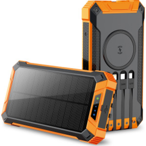 20000mAh Solar Power Bank with Wireless Charging and Built-in Cables, Orange