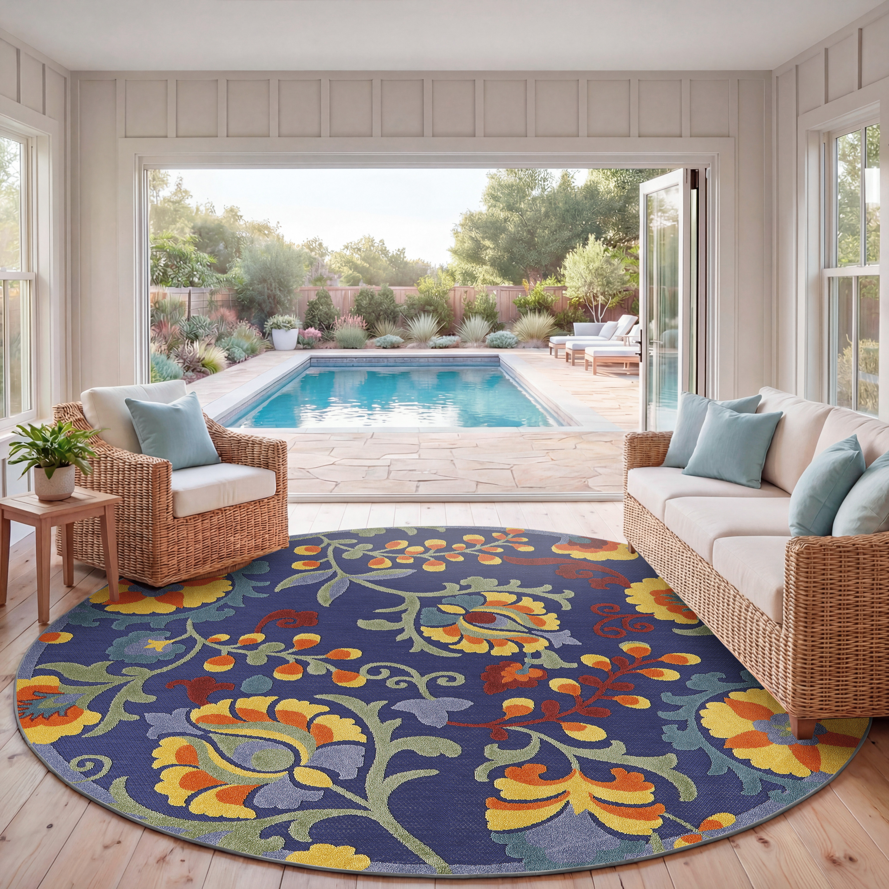 Nourison Aloha 7'10" x Round Navy Multicolor Outdoor Rug