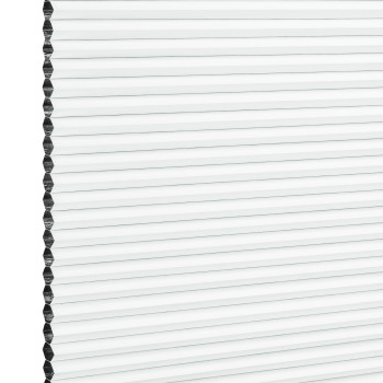 White honeycomb (cellular) window blind with visible hexagonal edge, fully lowered and closed, diffusing bright daylight and covering the window; simple, evenly lit background, no room details.