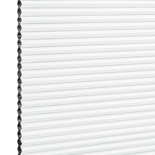 White honeycomb (cellular) window blind with visible hexagonal edge, fully lowered and closed, diffusing bright daylight and covering the window; simple, evenly lit background, no room details.