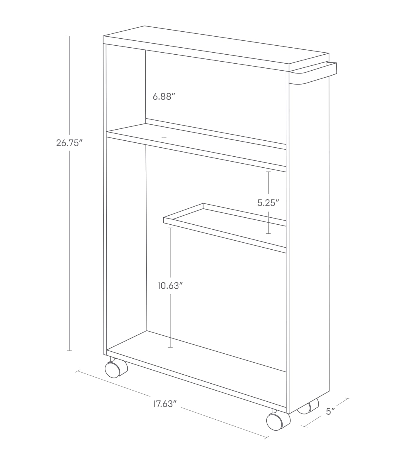 Dimension image for Rolling Storage Carton a white background showinglength of 17.63 inches, width of 5 inches, height of 26.75 inches. The top shelf has a height of 6.88 inches. A short divider is placed in the bottom shelf at a height of 10.63 inches.