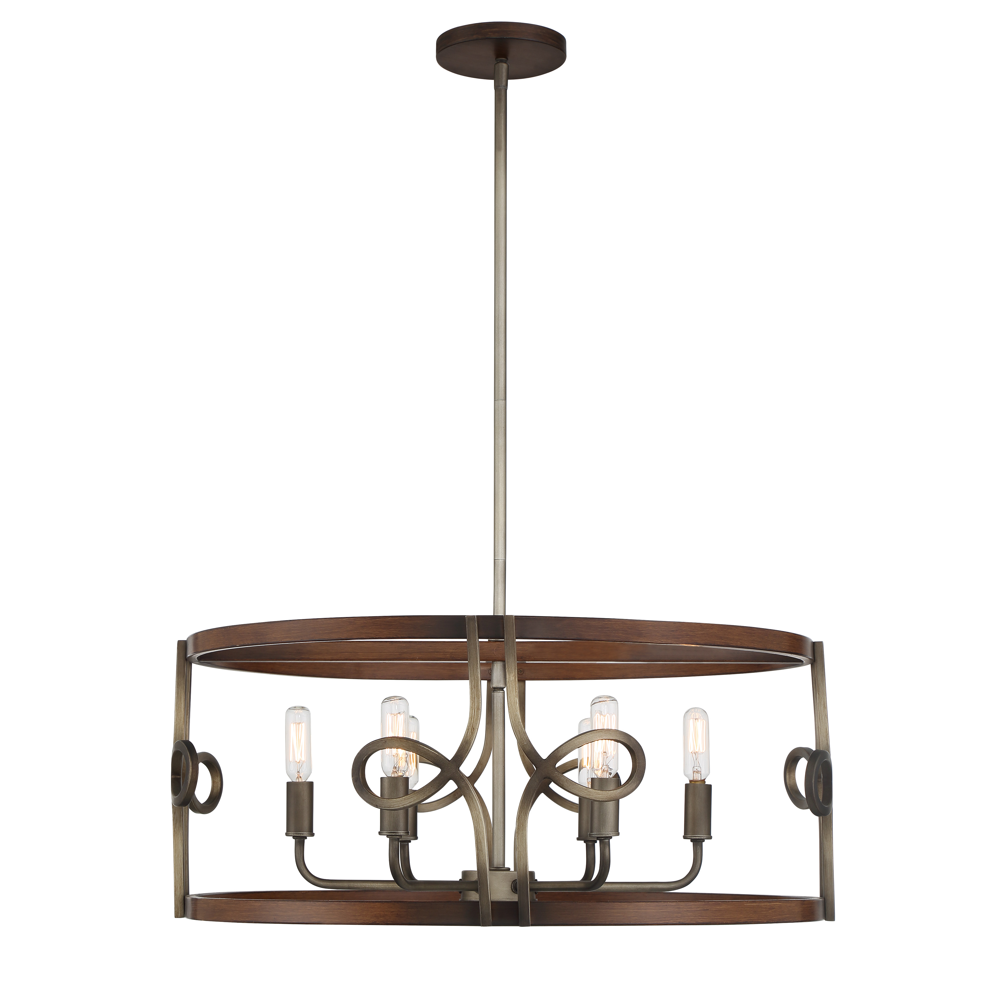 Robin Baron's Yorkville pendant combines aged darkwood with silver patina metalwork and clear glass shades for a sophisticated traditional look. The 6-light configuration provides ample illumination while the 24-inch width suits medium-sized spaces perfectly. - alternate view