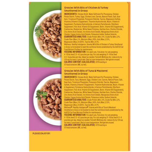Wellness Complete Health Healthy Indulgence Variety Pack Gravies Chicken & Turkey, Tuna & Mackerel Variety Pack back packaging