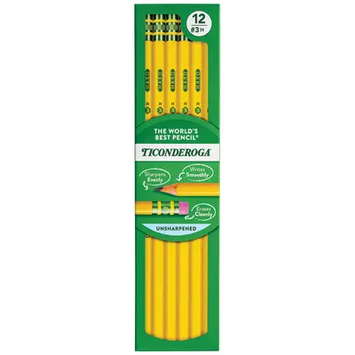 Ticonderoga Wood-Cased Pencils, #3 H Hard, Yellow, 12 Count