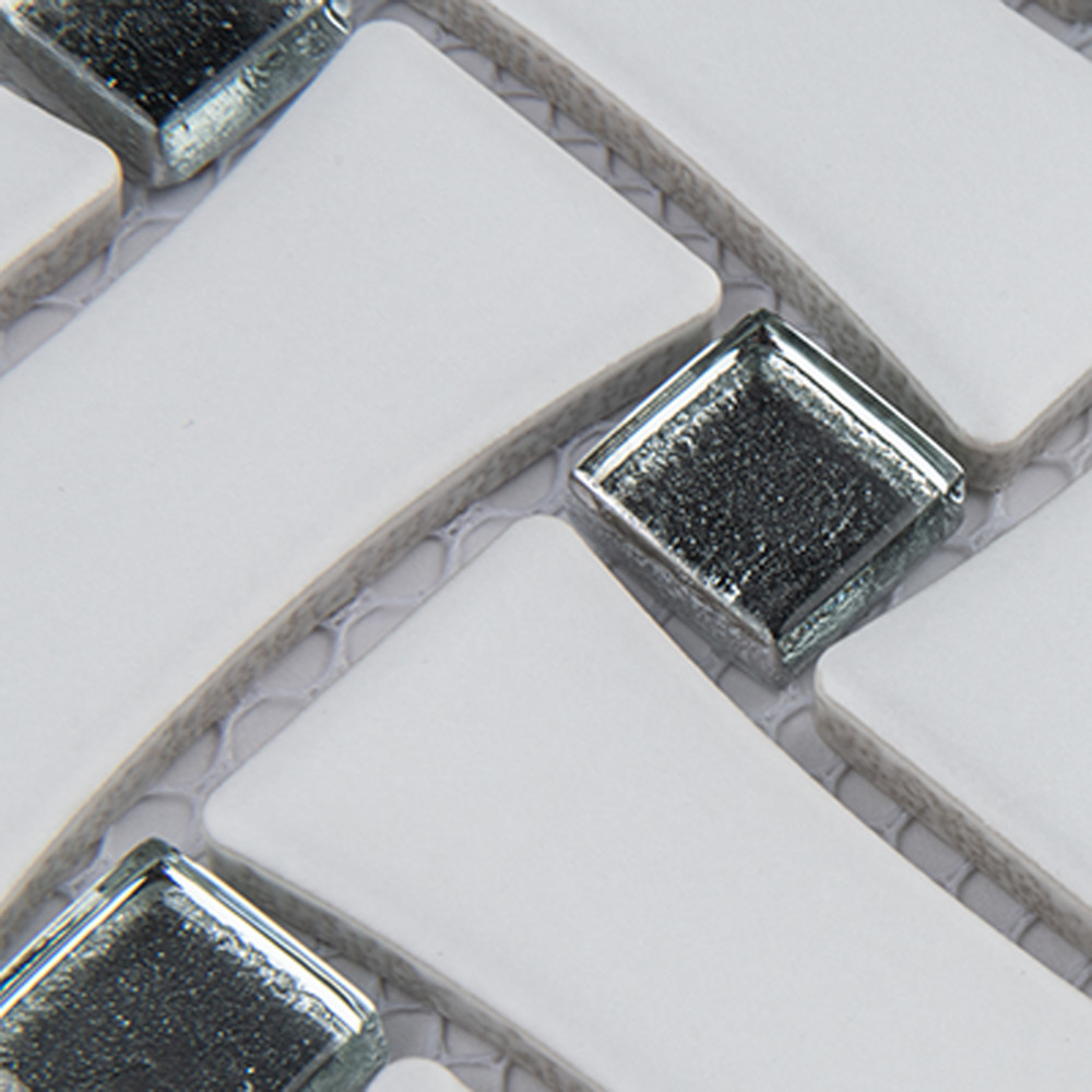 Metro Dog Bone Basketweave Matte White w/Glass Silver Dot 10 in. x 10 in. Porcelain Mosaic Tile