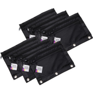 Pencil Pouch, 2 Pocket with Mesh Front, Black, Pack of 6