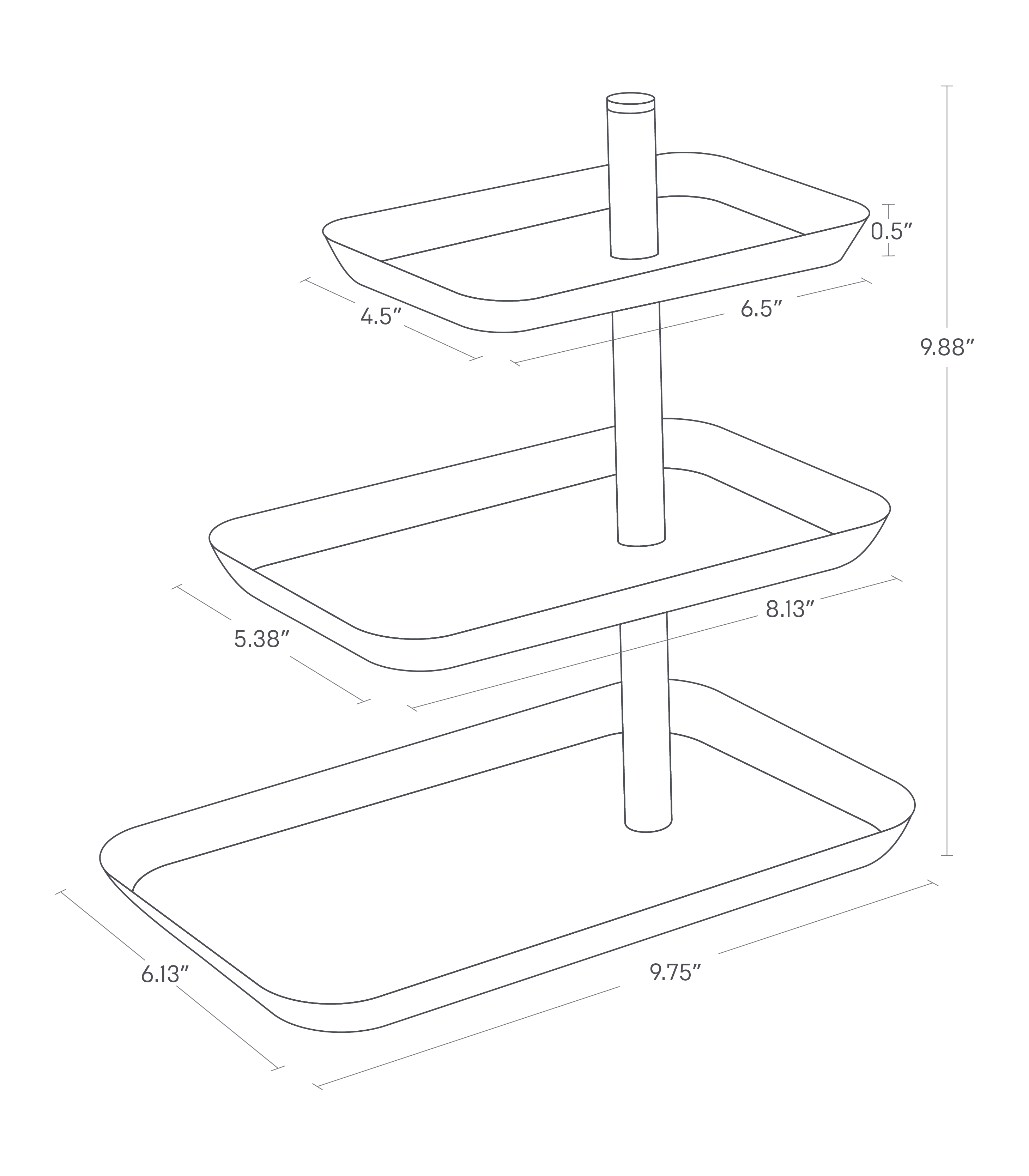 Dimension Image for Three Tier Accessory Tray on a white background showing height of 9.88 inches, bottom tier length of 9.75 inches, bottom tier width of 6.13 inches, middle tier length of 8.13 inches inches, middle tier width of 5.38 inches, top tier length of 6.5 inches, top tier width of 4.5 inches. and tier lip height of .5 inches.