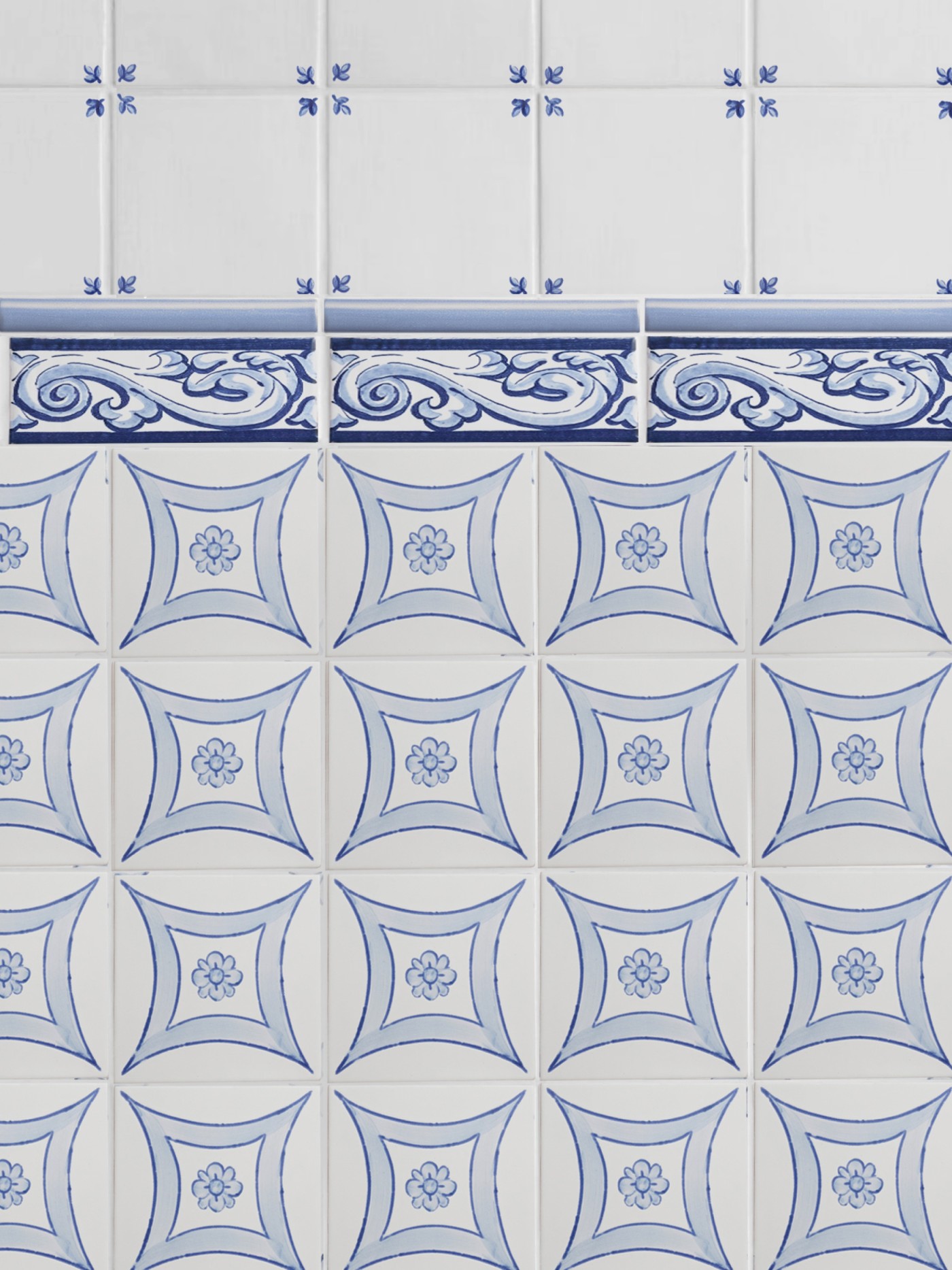 blue and white tiles with decorative designs.