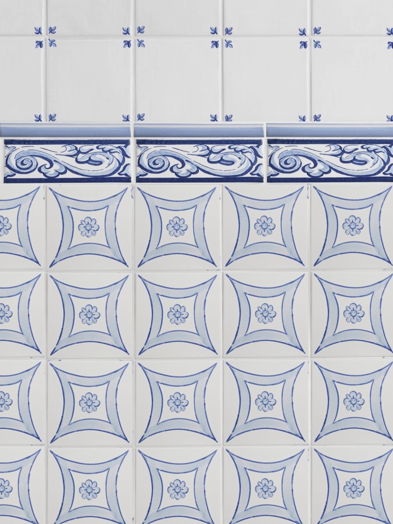 blue and white tiles with decorative designs.