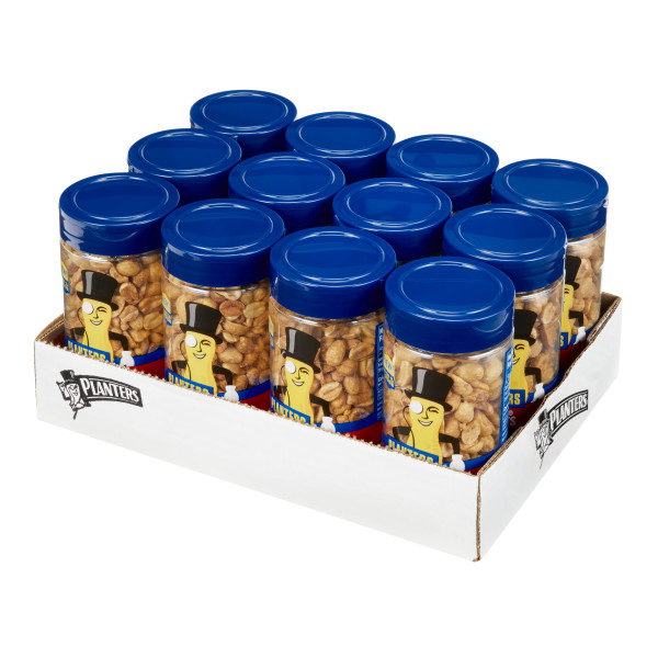 PLANTERS(r) Pop & Pour Dry Roasted Peanuts 12/7oz . C1RM - Front Right Open Case (Hi Res)