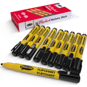 Flipchart Markers, Bullet Tip, Black, Box of 10