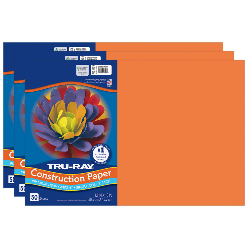 Construction Paper, Heavyweight, Electric Orange, 12" x 18", 50 Sheets Per Pack, 3 Packs