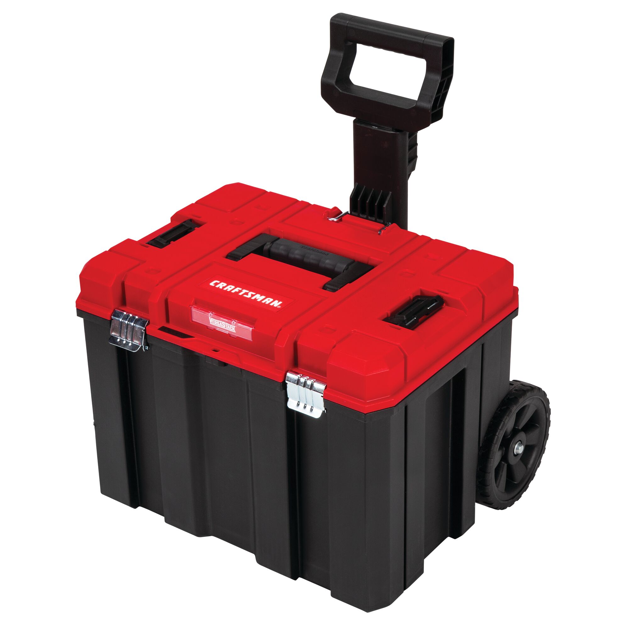 Right profile of Versastack system 20 inch red plastic wheeled lockable tool box.