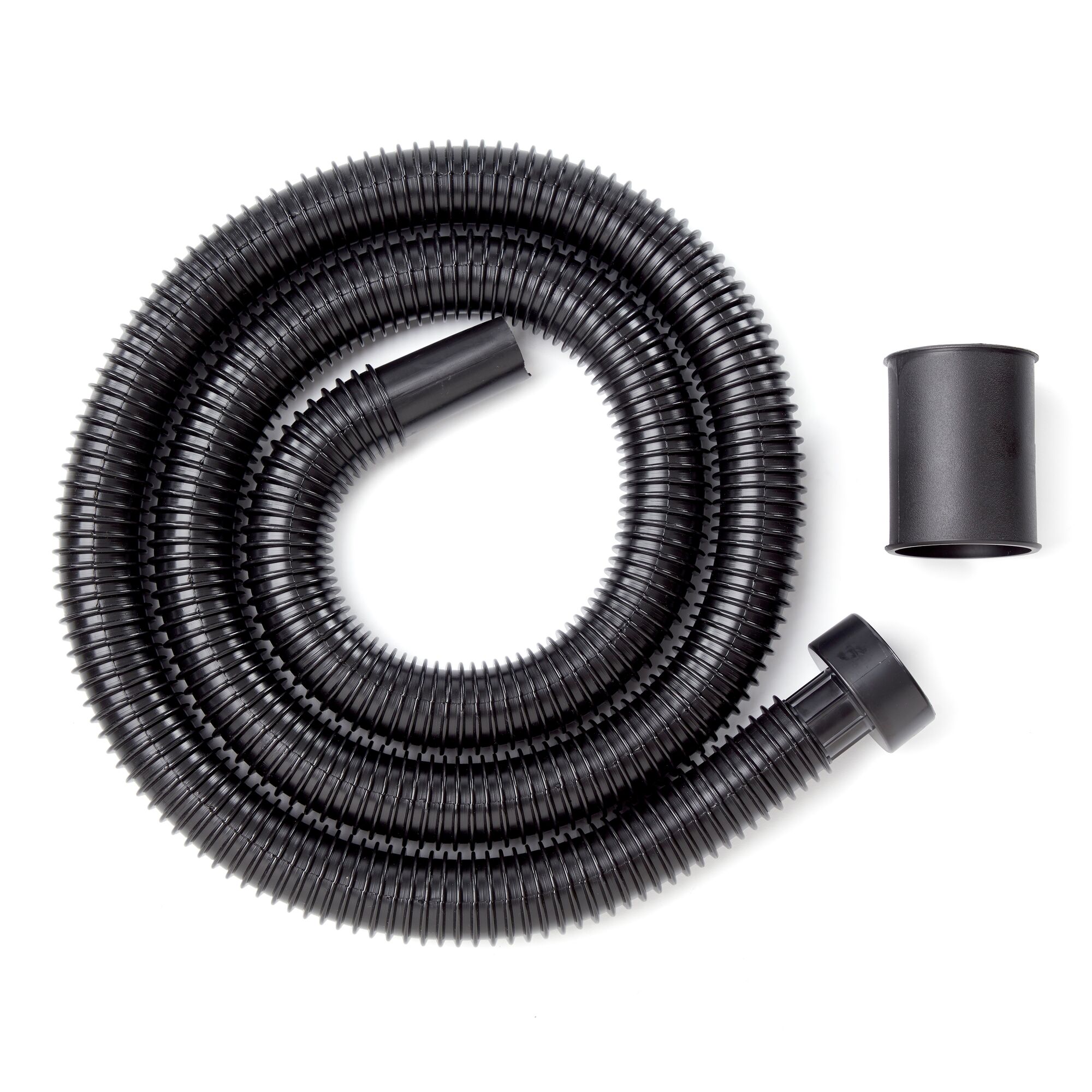 Top view of CRAFTSMAN 1-1/4 inch x 6 foot wet dry shop vacuum hose coiled up with connector