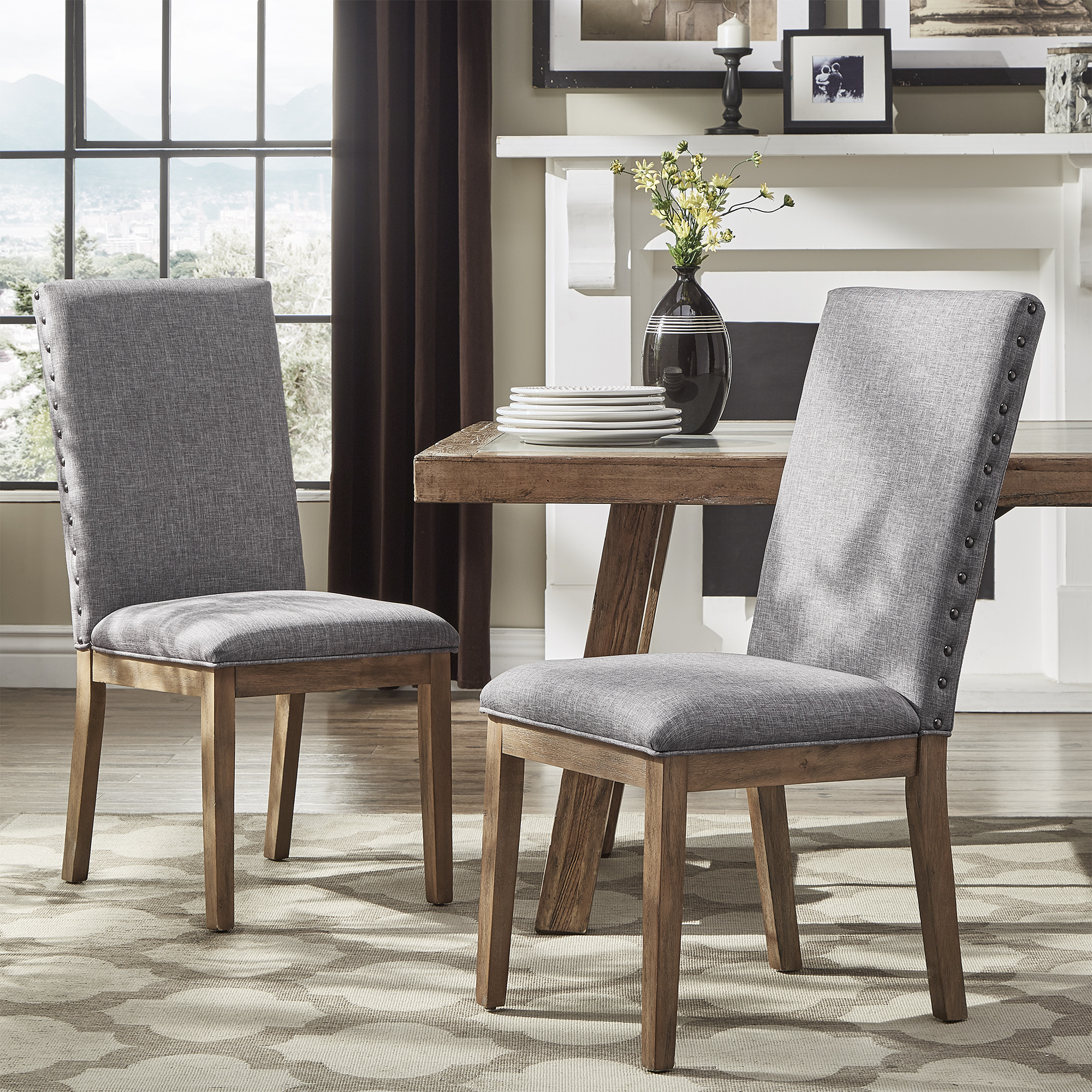 Nailhead Accent Parson Linen Dining Chairs (Set of 2)