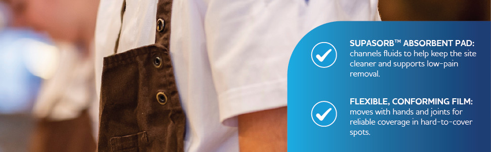 SupaSorb™ absorbent pad: channels fluids to help keep the site cleaner and supports low‑pain removal.
Flexible, conforming film: moves with hands and joints for reliable coverage in hard‑to‑cover spots.