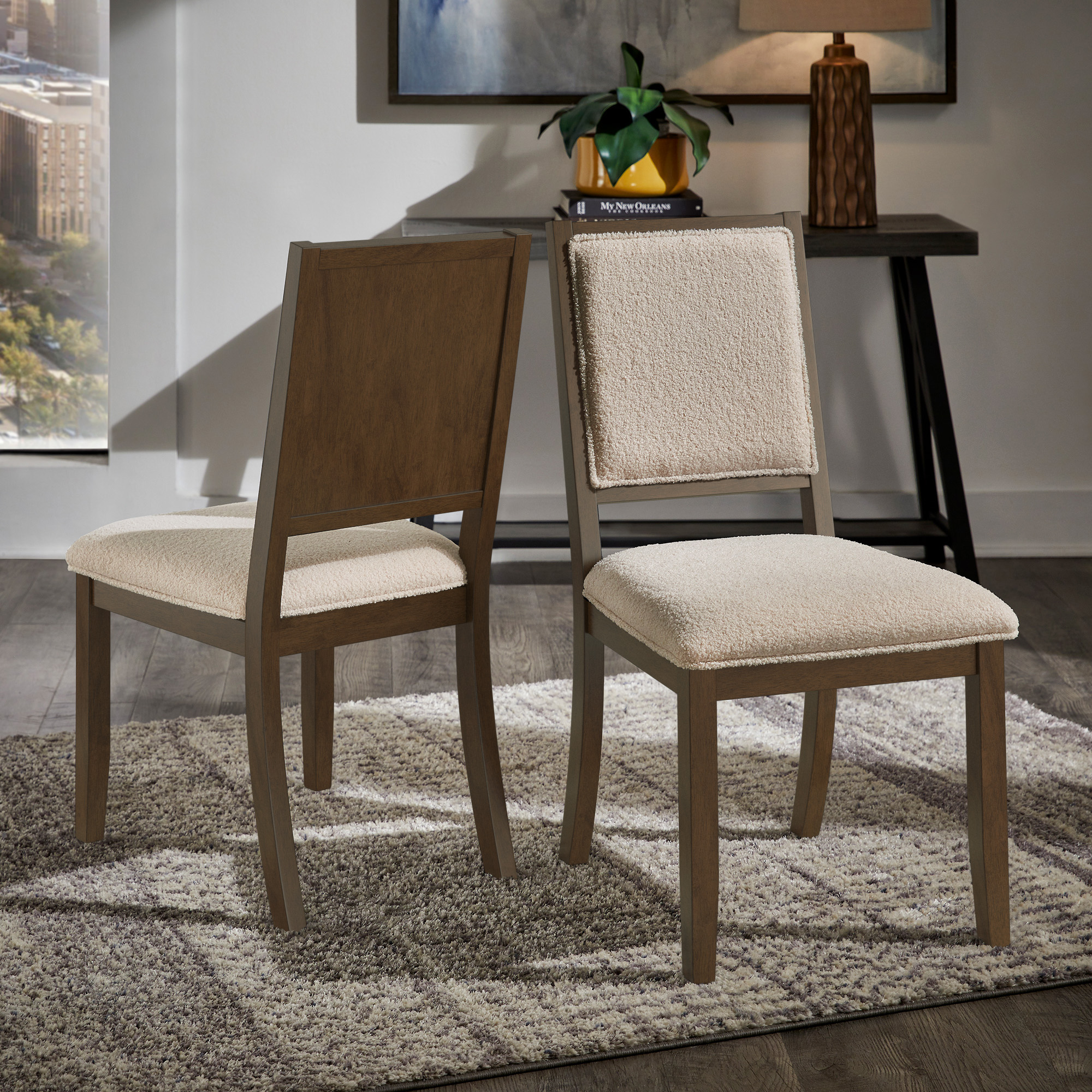 Wood Finish Cream Boucle Fabric Dining Chair (Set of 2)