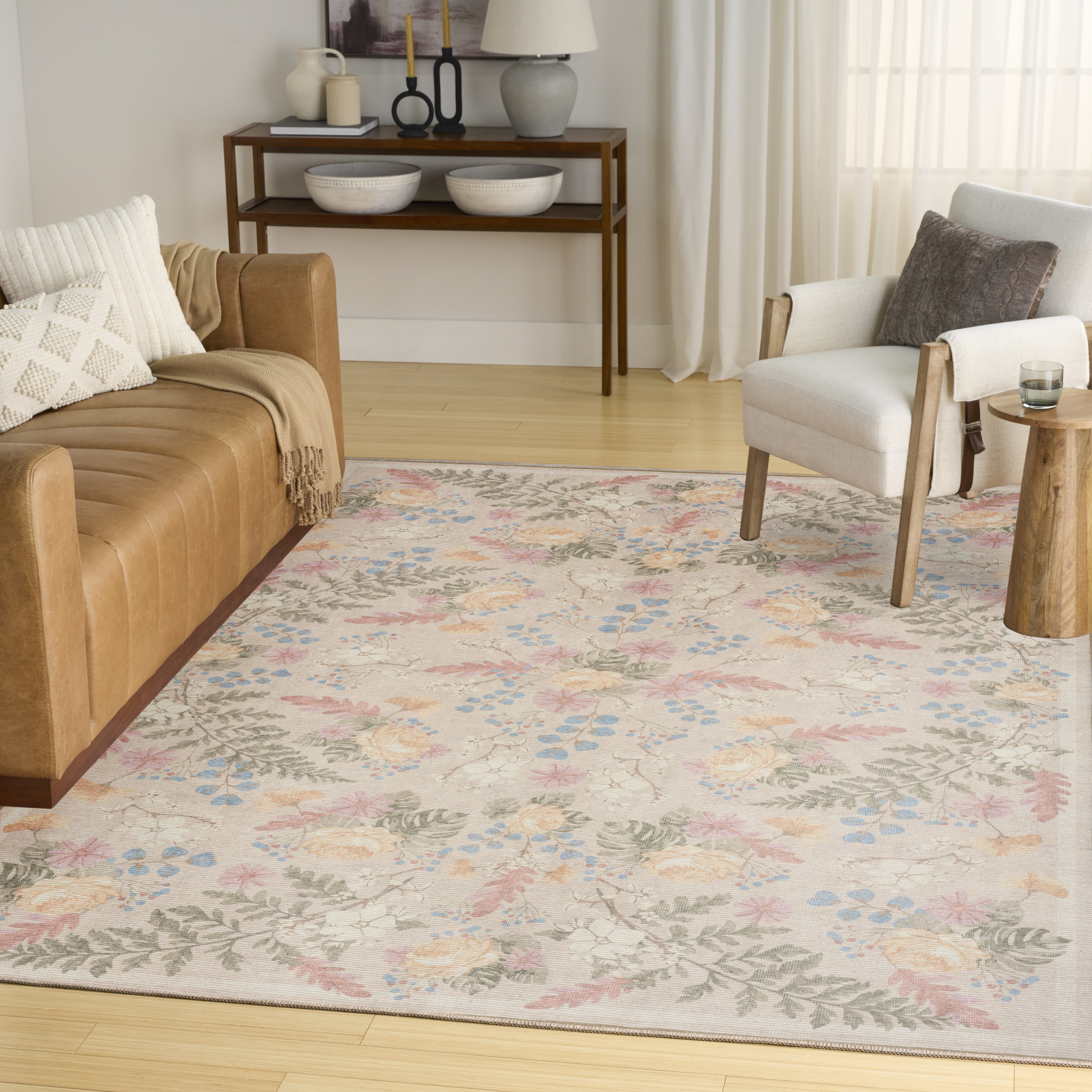 Nourison Botanical Washables 5' x 7' Beige Multicolor Farmhouse Indoor Rug