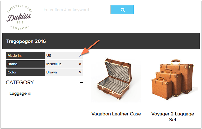 Catalog with filter options highlighted