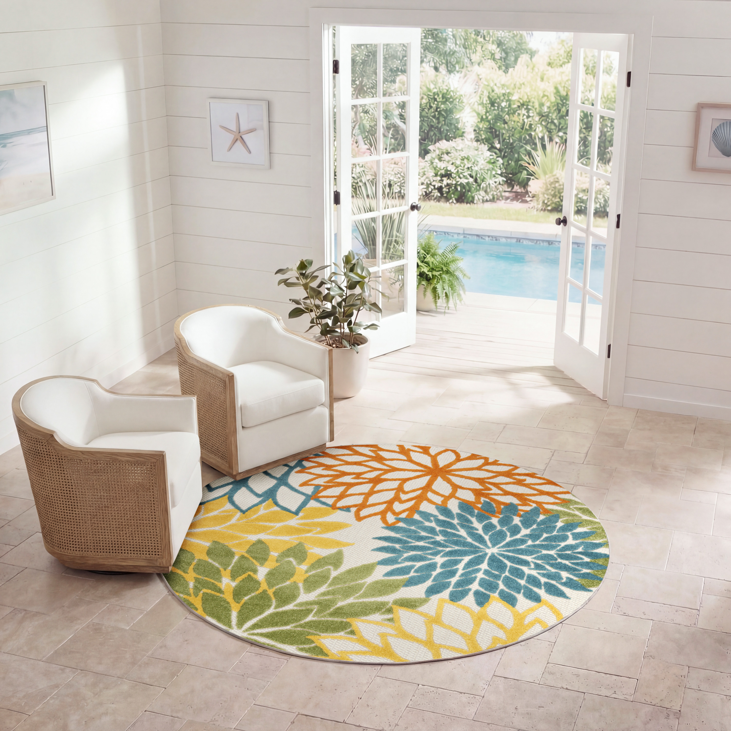 Nourison Aloha 4' x Round Turquoise Multicolor Tropical Rug