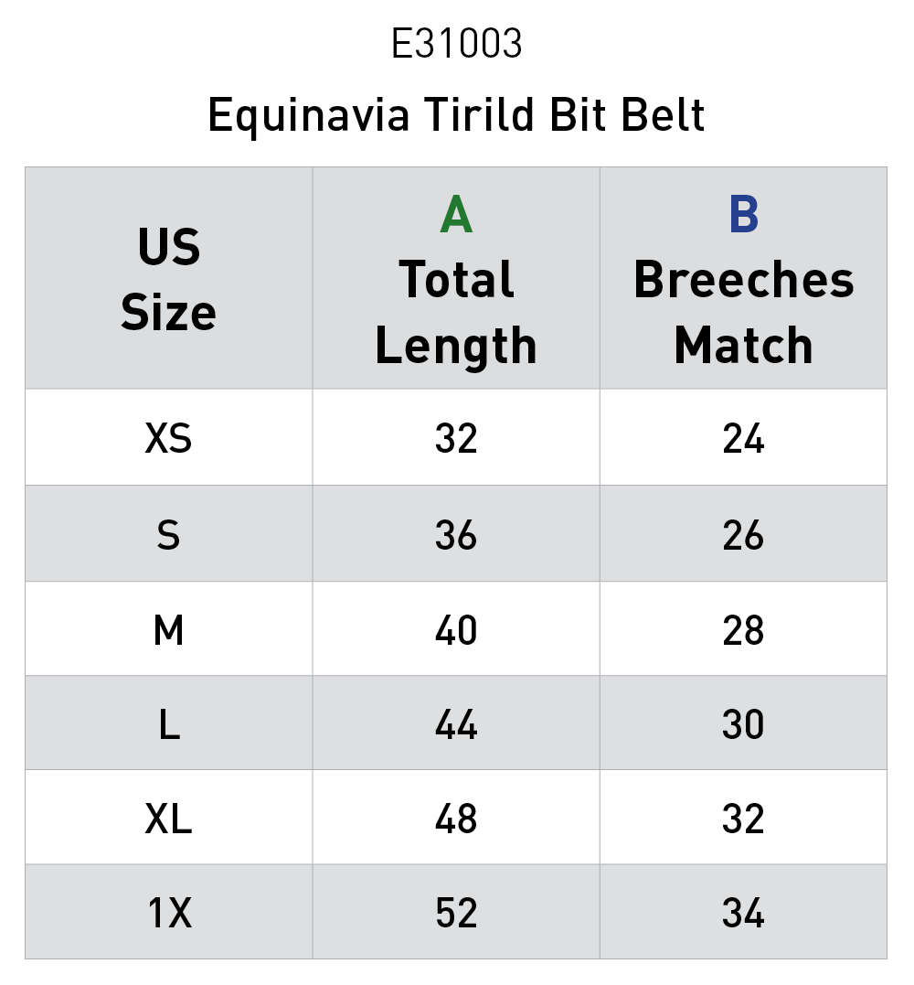 Size chart for Equinavia Tirild Bit Belt - Black/Gray