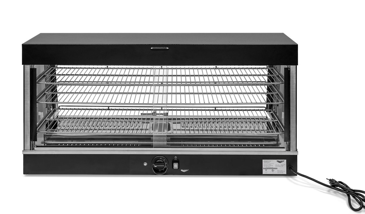 48-inch-wide 120-volt angled-front heated display case with front and rear access in black