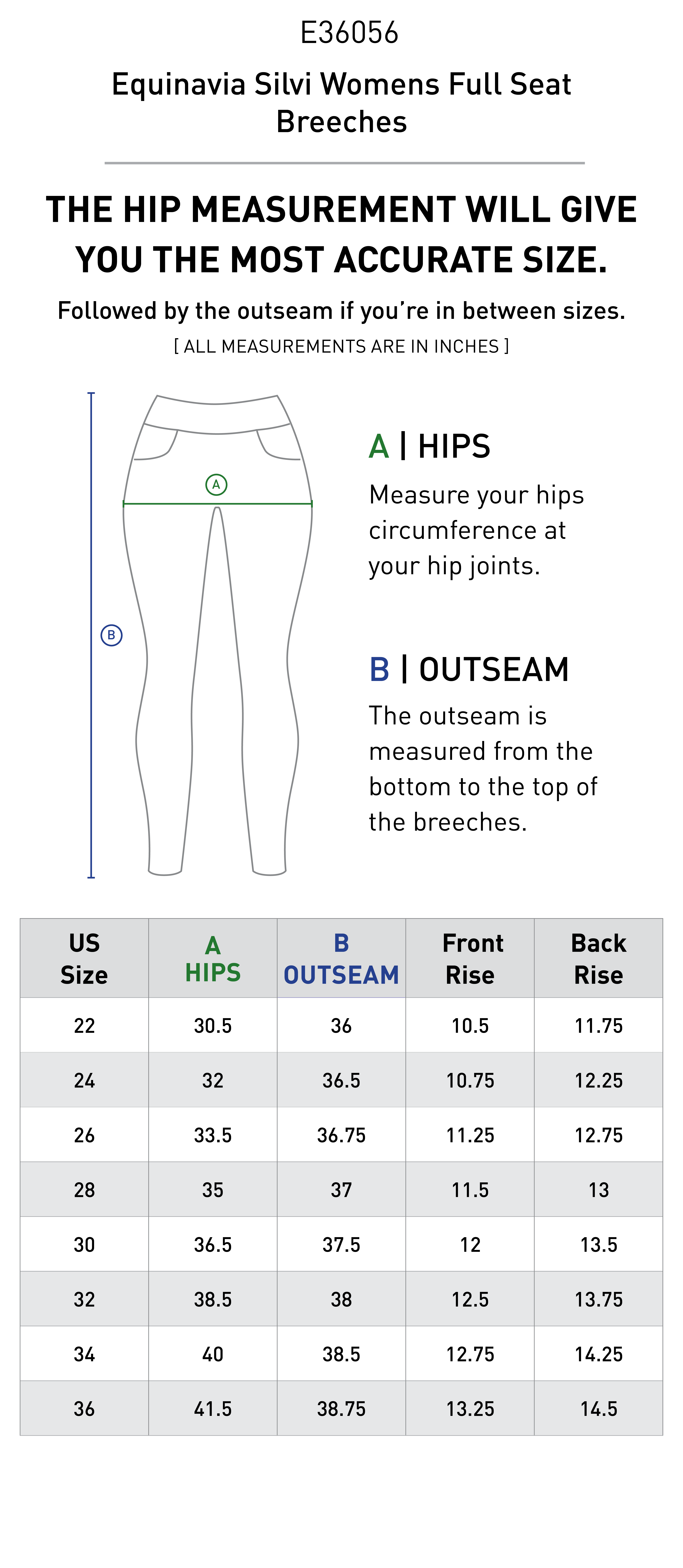 Size chart for Equinavia Silvi Womens Full Seat Breeches - White