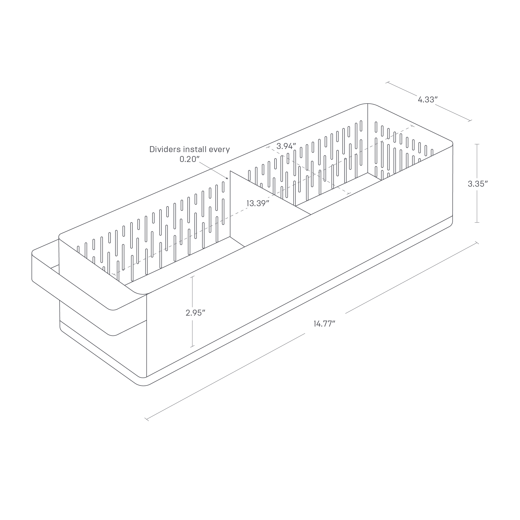 The image shows a refrigerator colander with a lid and divider. Dimensions: length is 14.77", width is 4.33", and height is 3.35". The inner section height is 2.95". The main compartment length is 13.39", with a 3.94" wide section. Dividers install every 0.20".