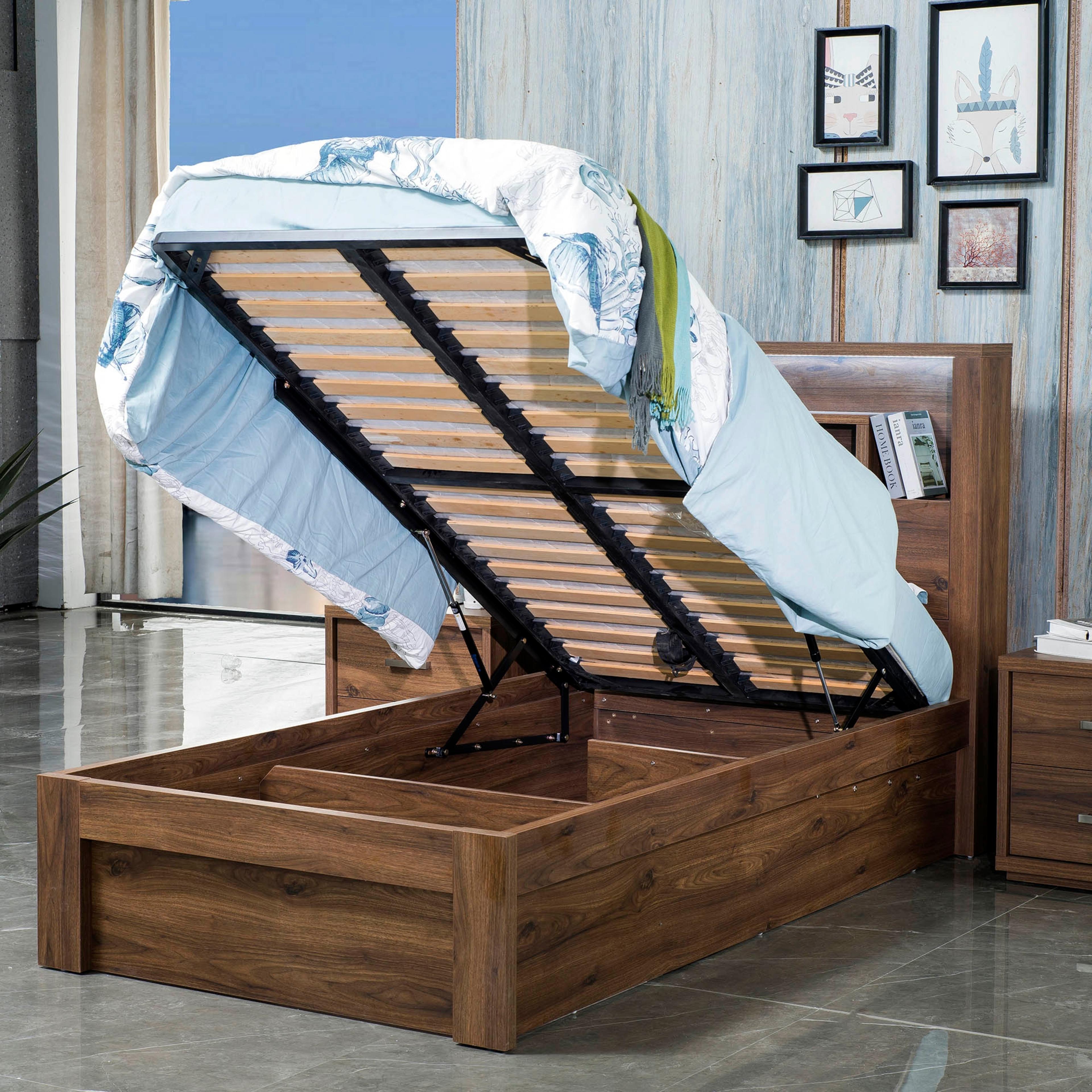 Lifestyle image of the  Bellevue Bed Frame, Front Slat Gas Lift Base, Rustic Walnut from Forty Winks