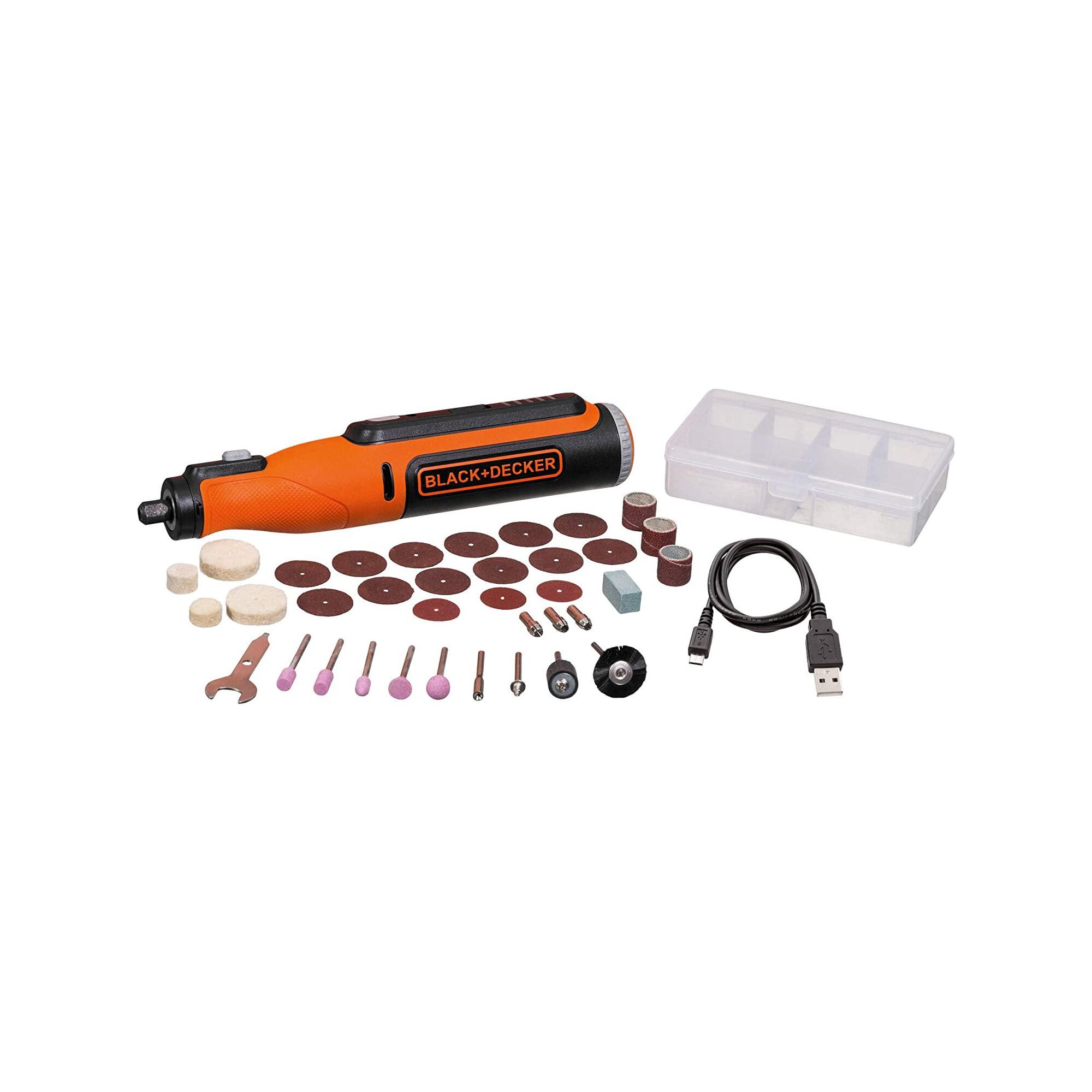 8 volt rotary tool kit including USB charging cable and precision sanding and polishing elements