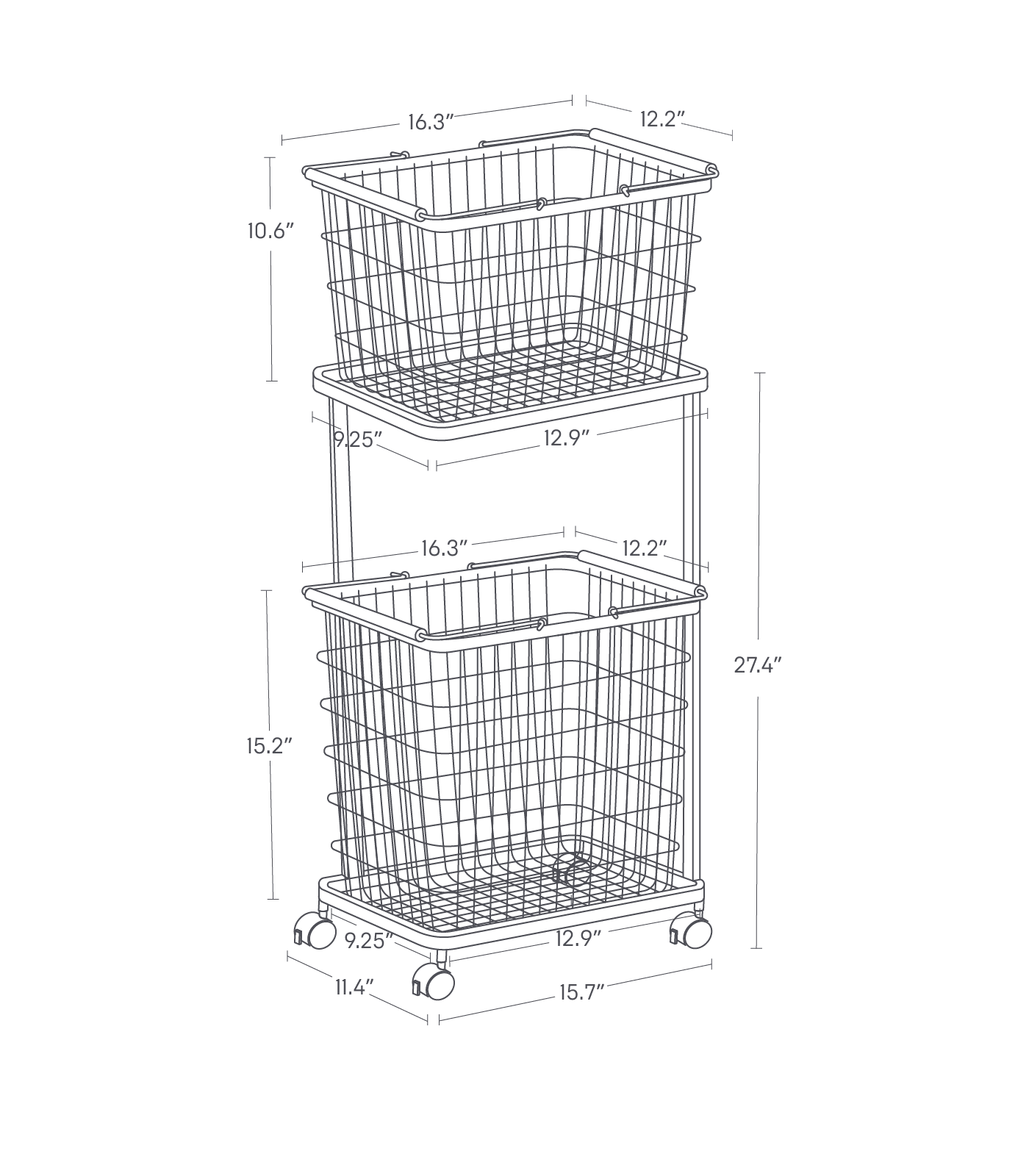 Dimension image for Rolling Laundry Cart + Wire Baskets showing container height of 2.4 inches, length of 8.6 inches, width of 9.3 inches
