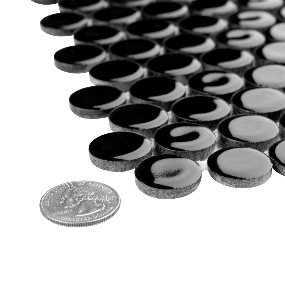 Hudson Penny Round Glossy Black 11-7/8 in. x 12-5/8 in. Porcelain Mosaic Tile