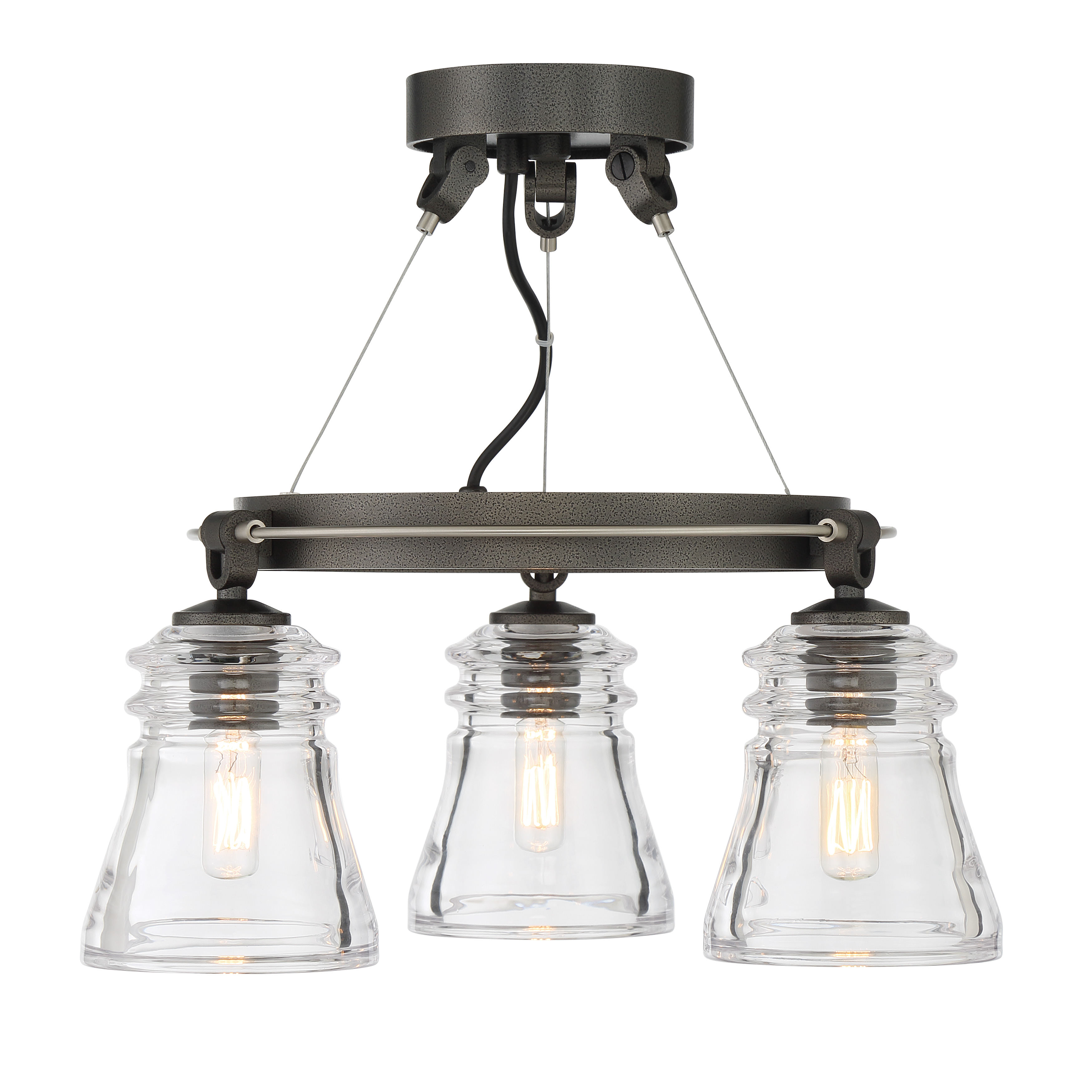 The Graham Avenue semi-flush combines smoked iron and brushed nickel finishes with clear glass for a sophisticated transitional look. Its compact 17-inch profile and dimmable 3-light design make it ideal for rooms with lower ceilings. - alternate view