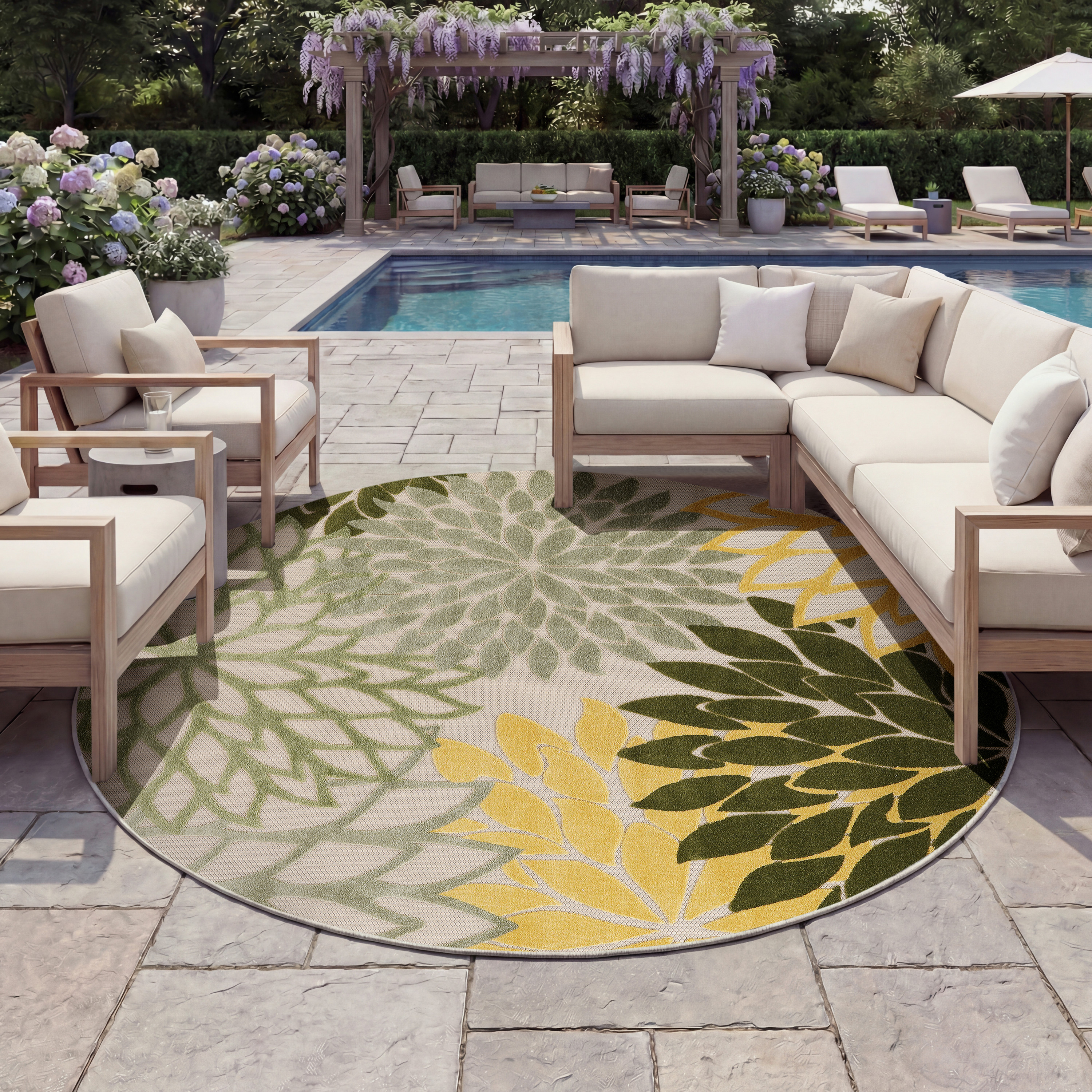 Nourison Aloha 7'10" x Round Green Multicolor Tropical Rug