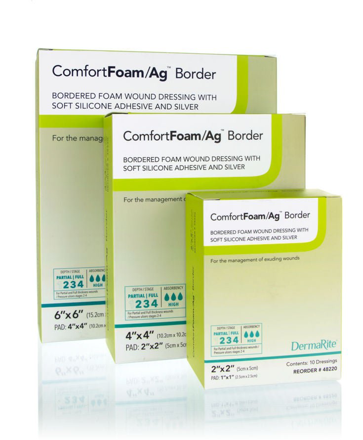 ComfortFoam/Ag™ Border Silver Foam Dressing, 4 x 4 Inch