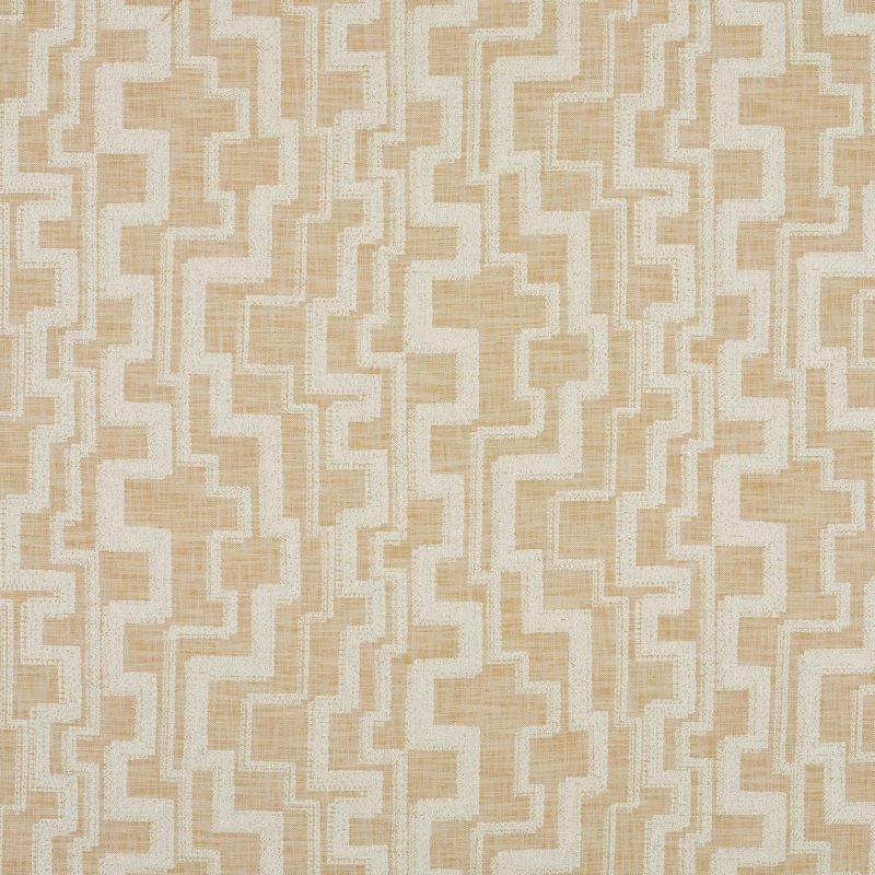 Beige linen-textured wallpaper with cream stepped geometric pattern â€” repeating across the surface, creating a subtle retro-maze effect in soft, even lighting.