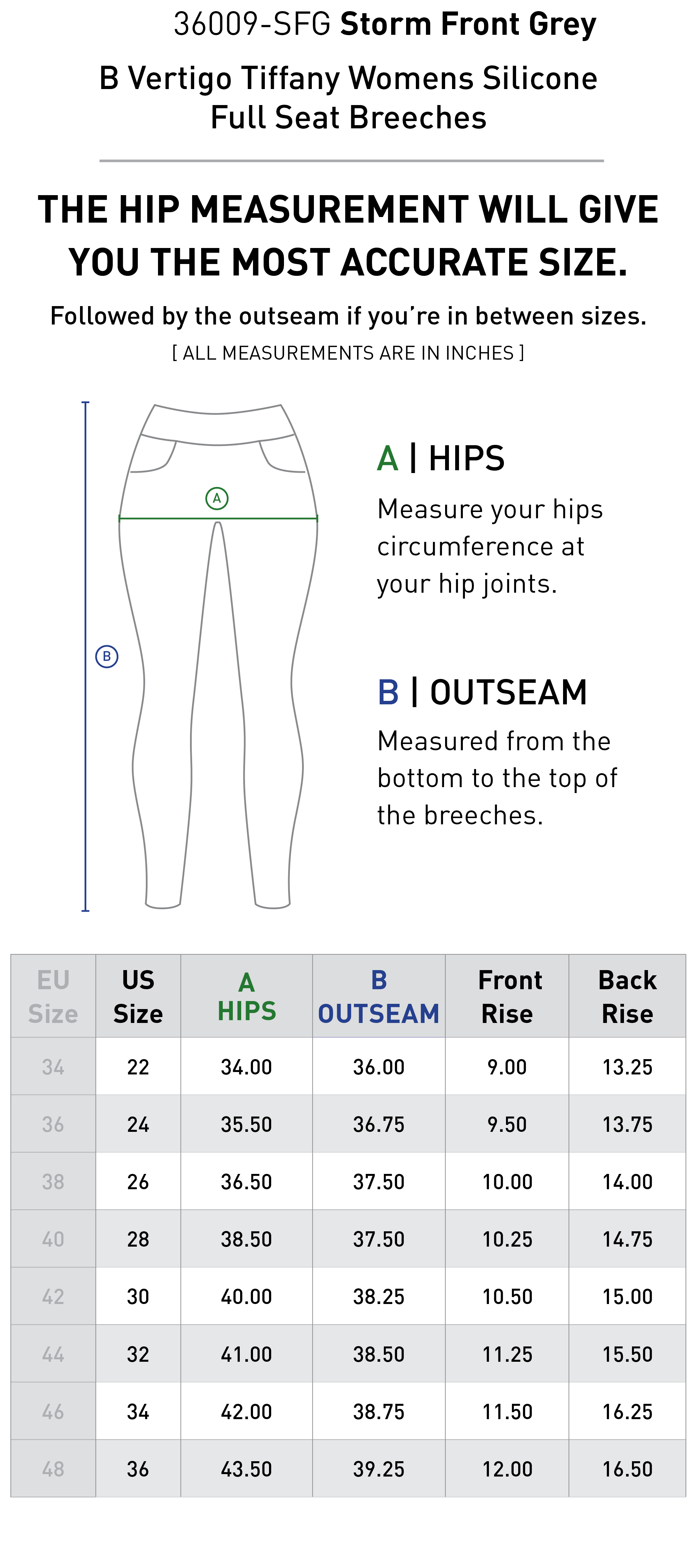 Size chart for B Vertigo Tiffany Womens Silicone Full Seat Breeches - Storm Front Gray