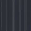 Dark navy wallpaper with evenly spaced thin cream vertical pinstripes; lying flat as a swatch, evenly lit, showing no surrounding room, furniture, or visible view.