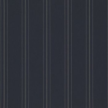 Dark navy wallpaper with evenly spaced thin cream vertical pinstripes; lying flat as a swatch, evenly lit, showing no surrounding room, furniture, or visible view.