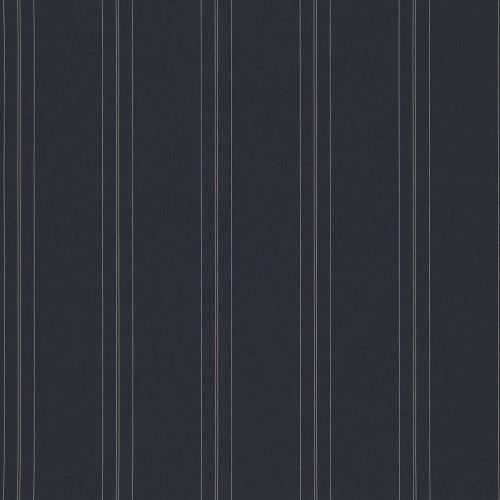 Dark navy wallpaper with evenly spaced thin cream vertical pinstripes; lying flat as a swatch, evenly lit, showing no surrounding room, furniture, or visible view.