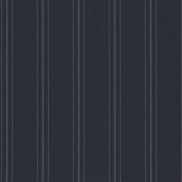 Dark navy wallpaper with evenly spaced thin cream vertical pinstripes; lying flat as a swatch, evenly lit, showing no surrounding room, furniture, or visible view.