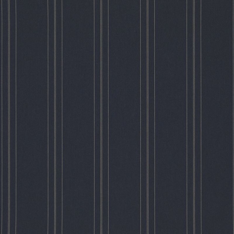 Dark navy wallpaper with evenly spaced thin cream vertical pinstripes; lying flat as a swatch, evenly lit, showing no surrounding room, furniture, or visible view.