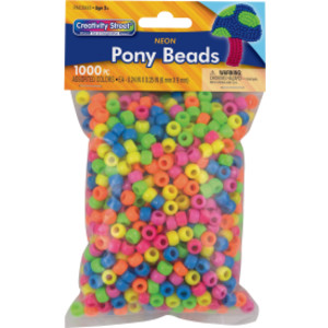 Pony Beads, Assorted Neon, 6 mm x 9 mm, 1000 Pieces
