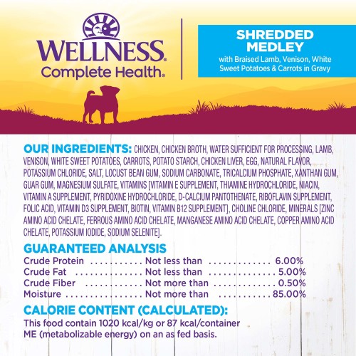 <p>Chicken, Chicken Broth, Water Sufficient For Processing, Lamb, Venison, White Sweet Potatoes, Carrots, Potato Starch, Chicken Liver, Egg, Natural Flavor, Potassium Chloride, Salt, Locust Bean Gum, Sodium Carbonate, Tricalcium Phosphate, Xanthan Gum, Guar Gum, Magnesium Sulfate, Vitamins [Vitamin E Supplement, Thiamine Hydrochloride, Niacin, Vitamin A Supplement, Pyridoxine Hydrochloride, D-Calcium Pantothenate, Riboflavin Supplement, Folic Acid, Vitamin D3 Supplement, Biotin, Vitamin B12 Supplement], Choline Chloride, Minerals [Zinc Amino Acid Chelate, Ferrous Amino Acid Chelate, Manganese Amino Acid Chelate, Copper Amino Acid Chelate, Potassium Iodide, Sodium Selenite]</p>
